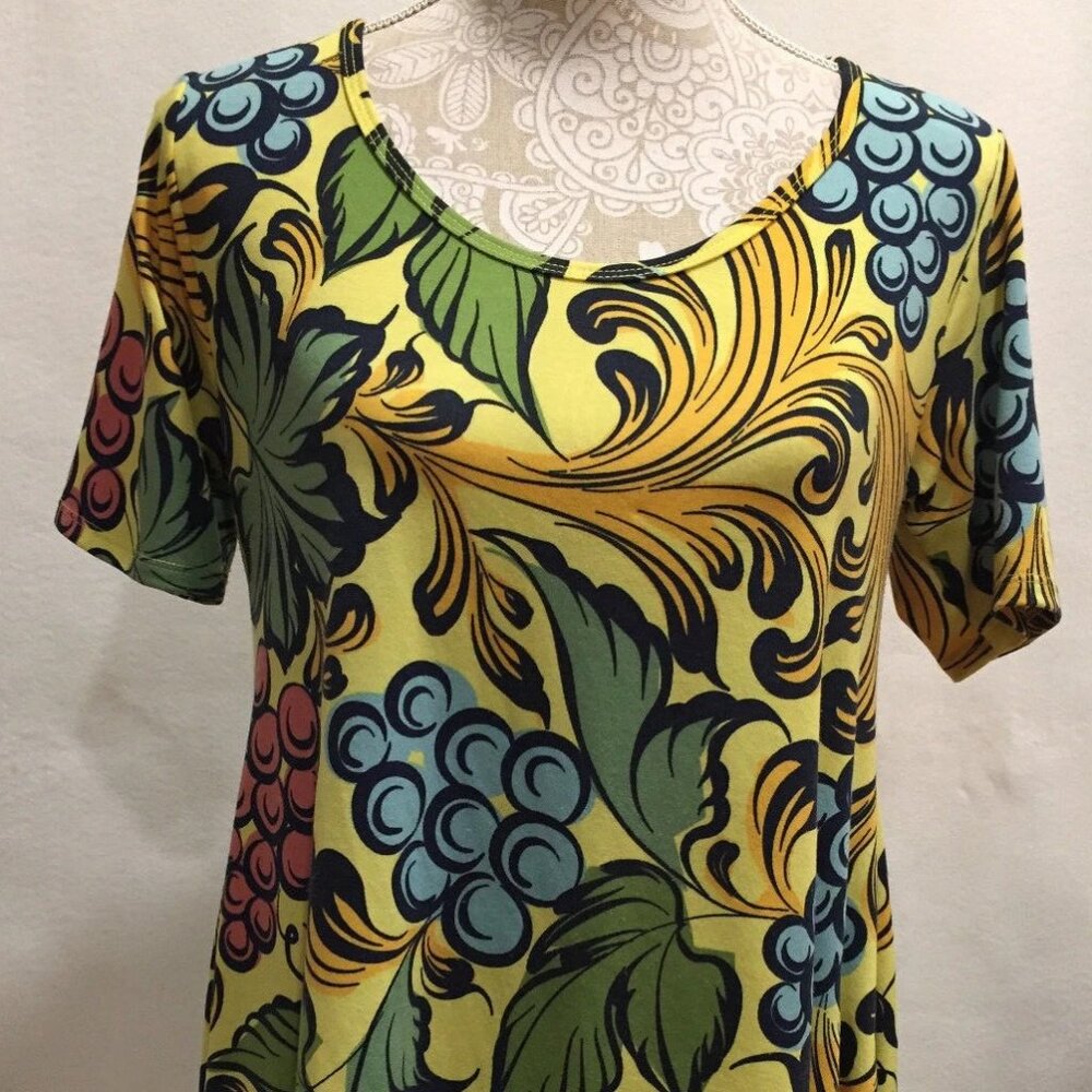 LuLaroe Women Colorful Grape Pattern on Yellow Perfect T Shirt Top Size S